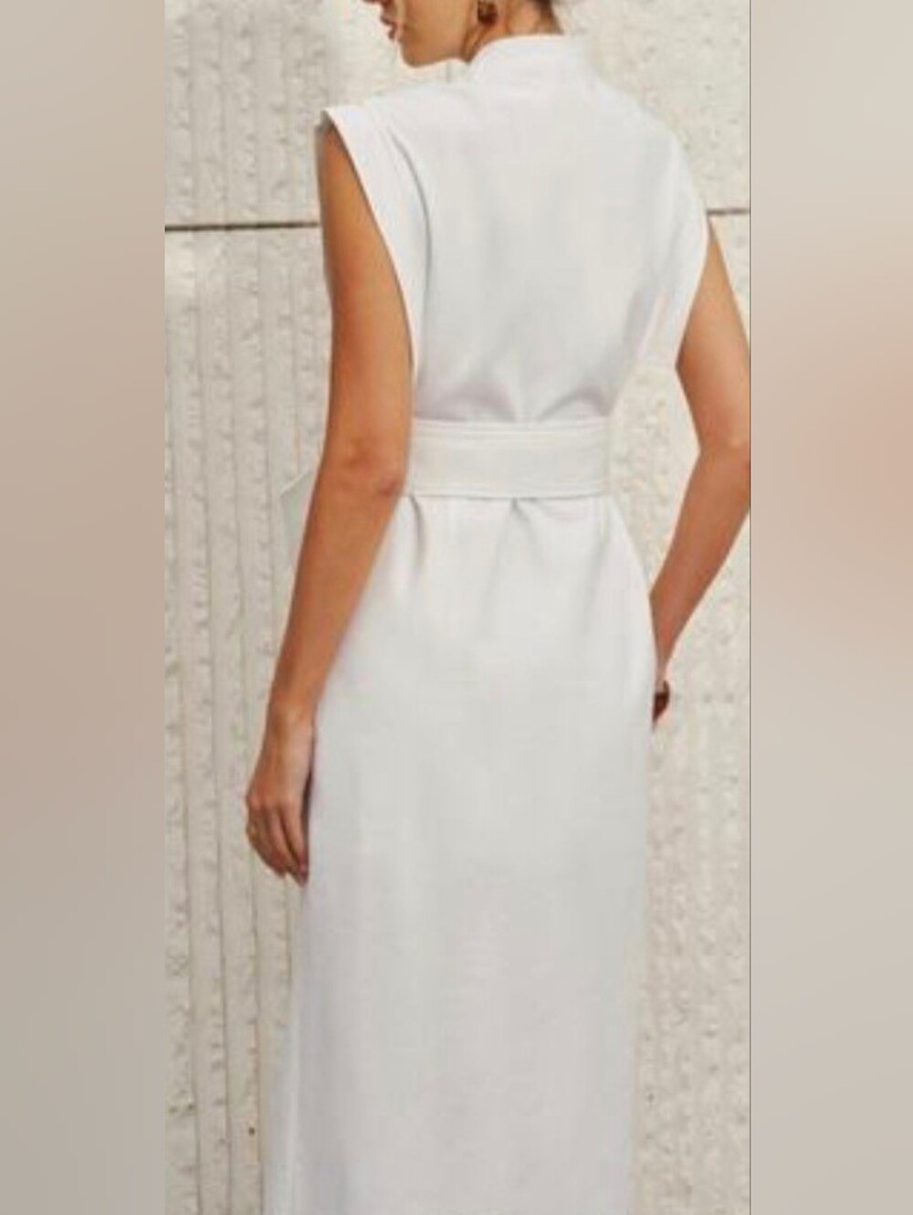Commense Maxi Dress Sleeveless V'Neck Bow Split Cotton Linen White Belted S NWT - Picture 2 of 7